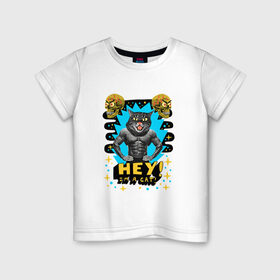 Детская футболка хлопок с принтом Hey! I`m a cat! в Санкт-Петербурге, 100% хлопок | круглый вырез горловины, полуприлегающий силуэт, длина до линии бедер | Тематика изображения на принте: абстракция | голова кошки | звездочки | звезды | кошачьи глаза | кошка | психоделика | трэш | человеческое тело | череп | эй | я кот