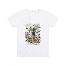Детская футболка хлопок с принтом Птица и бабочки в Санкт-Петербурге, 100% хлопок | круглый вырез горловины, полуприлегающий силуэт, длина до линии бедер | абстракция | арт | бабочки | весенняя | калибри | картина | легкость | минимализм | природа | птица | свежесть | светлая | цветы