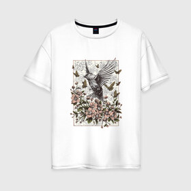 Женская футболка хлопок Oversize с принтом Птица и бабочки в Санкт-Петербурге, 100% хлопок | свободный крой, круглый ворот, спущенный рукав, длина до линии бедер
 | абстракция | арт | бабочки | весенняя | калибри | картина | легкость | минимализм | природа | птица | свежесть | светлая | цветы