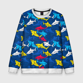 Детский свитшот 3D с принтом Акулы в Санкт-Петербурге, 100% полиэстер | свободная посадка, прямой крой, мягкая тканевая резинка на рукавах и понизу свитшота | Тематика изображения на принте: blue | drawin | fashion | fish | illustration | ocean | predator | red | sea | sharks | style | water | yellow | youth | акулы | вода | графика | жёлтый | иллюстрация | картинка | красный | мода | молодежная | море | океан | рисунок | рыба | син