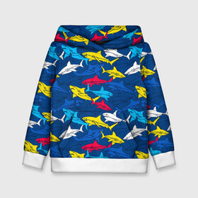 Детская толстовка 3D с принтом Акулы в Санкт-Петербурге, 100% полиэстер | двухслойный капюшон со шнурком для регулировки, мягкие манжеты на рукавах и по низу толстовки, спереди карман-кенгуру с мягким внутренним слоем | blue | drawin | fashion | fish | illustration | ocean | predator | red | sea | sharks | style | water | yellow | youth | акулы | вода | графика | жёлтый | иллюстрация | картинка | красный | мода | молодежная | море | океан | рисунок | рыба | син