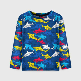 Детский лонгслив 3D с принтом Акулы в Санкт-Петербурге, 100% полиэстер | длинные рукава, круглый вырез горловины, полуприлегающий силуэт
 | blue | drawin | fashion | fish | illustration | ocean | predator | red | sea | sharks | style | water | yellow | youth | акулы | вода | графика | жёлтый | иллюстрация | картинка | красный | мода | молодежная | море | океан | рисунок | рыба | син