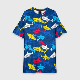 Детское платье 3D с принтом Акулы в Санкт-Петербурге, 100% полиэстер | прямой силуэт, чуть расширенный к низу. Круглая горловина, на рукавах — воланы | blue | drawin | fashion | fish | illustration | ocean | predator | red | sea | sharks | style | water | yellow | youth | акулы | вода | графика | жёлтый | иллюстрация | картинка | красный | мода | молодежная | море | океан | рисунок | рыба | син