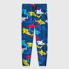Женские брюки 3D с принтом Акулы в Санкт-Петербурге, полиэстер 100% | прямой крой, два кармана без застежек по бокам, с мягкой трикотажной резинкой на поясе и по низу штанин. В поясе для дополнительного комфорта — широкие завязки | blue | drawin | fashion | fish | illustration | ocean | predator | red | sea | sharks | style | water | yellow | youth | акулы | вода | графика | жёлтый | иллюстрация | картинка | красный | мода | молодежная | море | океан | рисунок | рыба | син