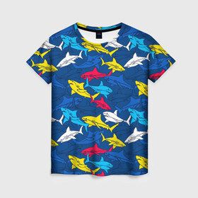 Женская футболка 3D с принтом Акулы в Санкт-Петербурге, 100% полиэфир ( синтетическое хлопкоподобное полотно) | прямой крой, круглый вырез горловины, длина до линии бедер | blue | drawin | fashion | fish | illustration | ocean | predator | red | sea | sharks | style | water | yellow | youth | акулы | вода | графика | жёлтый | иллюстрация | картинка | красный | мода | молодежная | море | океан | рисунок | рыба | син