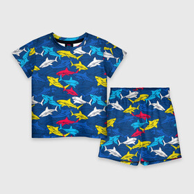 Детский костюм с шортами 3D с принтом Акулы в Санкт-Петербурге,  |  | blue | drawin | fashion | fish | illustration | ocean | predator | red | sea | sharks | style | water | yellow | youth | акулы | вода | графика | жёлтый | иллюстрация | картинка | красный | мода | молодежная | море | океан | рисунок | рыба | син