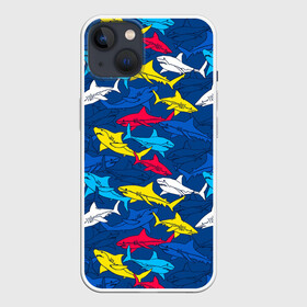 Чехол для iPhone 13 с принтом Акулы в Санкт-Петербурге,  |  | blue | drawin | fashion | fish | illustration | ocean | predator | red | sea | sharks | style | water | yellow | youth | акулы | вода | графика | жёлтый | иллюстрация | картинка | красный | мода | молодежная | море | океан | рисунок | рыба | син