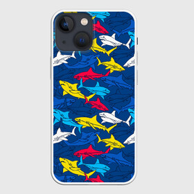 Чехол для iPhone 13 mini с принтом Акулы в Санкт-Петербурге,  |  | blue | drawin | fashion | fish | illustration | ocean | predator | red | sea | sharks | style | water | yellow | youth | акулы | вода | графика | жёлтый | иллюстрация | картинка | красный | мода | молодежная | море | океан | рисунок | рыба | син