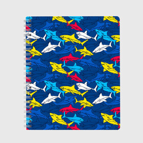Тетрадь с принтом Акулы в Санкт-Петербурге, 100% бумага | 48 листов, плотность листов — 60 г/м2, плотность картонной обложки — 250 г/м2. Листы скреплены сбоку удобной пружинной спиралью. Уголки страниц и обложки скругленные. Цвет линий — светло-серый
 | blue | drawin | fashion | fish | illustration | ocean | predator | red | sea | sharks | style | water | yellow | youth | акулы | вода | графика | жёлтый | иллюстрация | картинка | красный | мода | молодежная | море | океан | рисунок | рыба | син