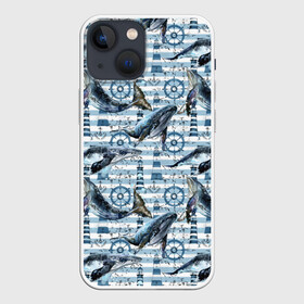 Чехол для iPhone 13 mini с принтом Киты в Санкт-Петербурге,  |  | animals | lighthouse | ocean | s | sea | steering wheel | vest | water | whales | вода | графика | животные | иллюстрация | картинка | киты | маяк | мода | молодежная | море | океан | полосы | рисунок | синий | стиль | тельняшка | фон