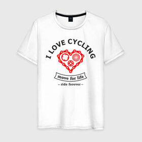Мужская футболка хлопок с принтом I LOVE CYCLING в Санкт-Петербурге, 100% хлопок | прямой крой, круглый вырез горловины, длина до линии бедер, слегка спущенное плечо. | forever | move | ride | байк | велик | велосипед | велоспорт | движение | звёздочка | любовь | сердце | цепь | шестерня