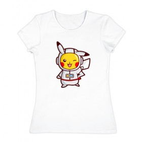 Женская футболка хлопок с принтом Pikachu Astronaut в Санкт-Петербурге, 100% хлопок | прямой крой, круглый вырез горловины, длина до линии бедер, слегка спущенное плечо | 