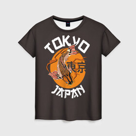 Женская футболка 3D с принтом Токио в Санкт-Петербурге, 100% полиэфир ( синтетическое хлопкоподобное полотно) | прямой крой, круглый вырез горловины, длина до линии бедер | carp | city | country | fashio | fish | gold | great | hieroglyphs | japan | koi | sun | symbol | tokyo | акварель | большое | город | графика | золотая | иероглифы | иллюстрация | карп | картинка | кои | мода | рисунок | рыбка | символ | солнце