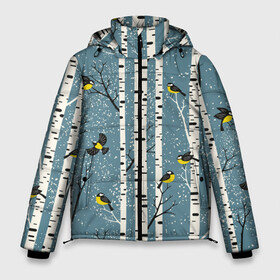 Мужская зимняя куртка 3D с принтом Синички на берёзах в Санкт-Петербурге, верх — 100% полиэстер; подкладка — 100% полиэстер; утеплитель — 100% полиэстер | длина ниже бедра, свободный силуэт Оверсайз. Есть воротник-стойка, отстегивающийся капюшон и ветрозащитная планка. 

Боковые карманы с листочкой на кнопках и внутренний карман на молнии. | bir | birds | branches | fly | sit | tits | акварель | берёзы | ветки | графика | зима | идёт | иллюстрация | картинка | кузнечик | летят | мода | молодежная | мороз | новый год | птицы | рисунок | рождество | сидят | синий