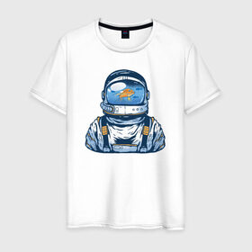 Мужская футболка хлопок с принтом Космонавт с Рыбкой в Санкт-Петербурге, 100% хлопок | прямой крой, круглый вырез горловины, длина до линии бедер, слегка спущенное плечо. | астронавт | космонавт | космос | рыба | рыбалка | рыбы | шлем