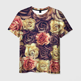 Мужская футболка 3D с принтом Шоколадные розы в Санкт-Петербурге, 100% полиэфир | прямой крой, круглый вырез горловины, длина до линии бедер | бабушке | девочке | девушке | дочке | желтые цветы | женщине | маме | подруге | природа | розовые цветы | розы | сестре | теще | тюльпаны | цветы