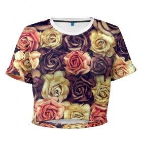 Женская футболка 3D укороченная с принтом Шоколадные розы в Санкт-Петербурге, 100% полиэстер | круглая горловина, длина футболки до линии талии, рукава с отворотами | бабушке | девочке | девушке | дочке | желтые цветы | женщине | маме | подруге | природа | розовые цветы | розы | сестре | теще | тюльпаны | цветы
