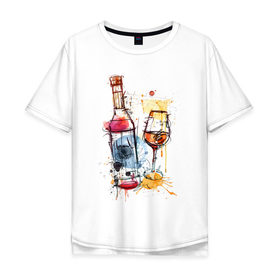 Мужская футболка хлопок Oversize с принтом Винишко арт в Санкт-Петербурге, 100% хлопок | свободный крой, круглый ворот, “спинка” длиннее передней части | акварель | бокал | бутылка | вино | винцо | грусть | краски | одна