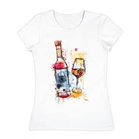 Женская футболка хлопок с принтом Винишко арт в Санкт-Петербурге, 100% хлопок | прямой крой, круглый вырез горловины, длина до линии бедер, слегка спущенное плечо | акварель | бокал | бутылка | вино | винцо | грусть | краски | одна