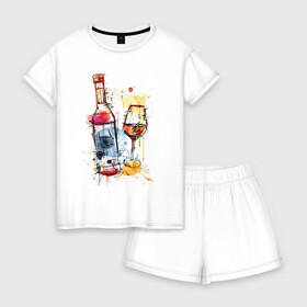 Женская пижама с шортиками хлопок с принтом Винишко арт в Санкт-Петербурге, 100% хлопок | футболка прямого кроя, шорты свободные с широкой мягкой резинкой | акварель | бокал | бутылка | вино | винцо | грусть | краски | одна