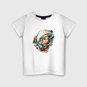 Детская футболка хлопок с принтом Гагарин в Санкт-Петербурге, 100% хлопок | круглый вырез горловины, полуприлегающий силуэт, длина до линии бедер | 12 апреля | астронавт | вселенная | день космонавтики | звезды | космонавт | космос | луна | планета | поехали | полет | ссср | юрий