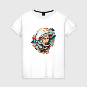 Женская футболка хлопок с принтом Гагарин в Санкт-Петербурге, 100% хлопок | прямой крой, круглый вырез горловины, длина до линии бедер, слегка спущенное плечо | 12 апреля | астронавт | вселенная | день космонавтики | звезды | космонавт | космос | луна | планета | поехали | полет | ссср | юрий