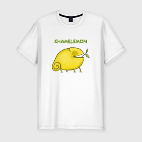 Мужская футболка премиум с принтом Chamelemon в Санкт-Петербурге, 92% хлопок, 8% лайкра | приталенный силуэт, круглый вырез ворота, длина до линии бедра, короткий рукав | веточка | желтый | животные | земноводное | зоопарк | игра слов | кислый | лайм | лимон | лимончик | овощ | природа | фрукт | хамелеон | яркий
