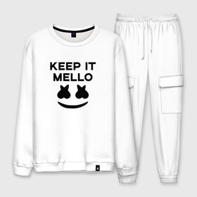 Мужской костюм хлопок с принтом KEEP IT MELLO (Marshmello) в Санкт-Петербурге, 100% хлопок | на свитшоте круглая горловина, мягкая резинка по низу. Брюки заужены к низу, на них два вида карманов: два “обычных” по бокам и два объемных, с клапанами, расположенные ниже линии бедра. Брюки с мягкой трикотажной резинкой на поясе и по низу штанин. В поясе для дополнительного комфорта — широкие завязки | christopher comstock | dj | keep it mello | marshmello | mello | music | диджей | клубная музыка | клубняк | крис комсток | логотип | маршмеллоу | музыка