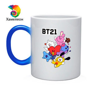 Кружка хамелеон с принтом BT21 Mascots в Санкт-Петербурге, керамика | меняет цвет при нагревании, емкость 330 мл | Тематика изображения на принте: bangtan boys | bt21mascots | bts | chimmy | cooky | koya | mang | rj | shooky | tata | van