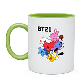 Кружка двухцветная с принтом BT21 Mascots в Санкт-Петербурге, керамика | объем — 330 мл, диаметр — 80 мм. Цветная ручка и кайма сверху, в некоторых цветах — вся внутренняя часть | Тематика изображения на принте: bangtan boys | bt21mascots | bts | chimmy | cooky | koya | mang | rj | shooky | tata | van