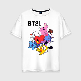 Женская футболка хлопок Oversize с принтом BT21 Mascots в Санкт-Петербурге, 100% хлопок | свободный крой, круглый ворот, спущенный рукав, длина до линии бедер
 | bangtan boys | bt21mascots | bts | chimmy | cooky | koya | mang | rj | shooky | tata | van