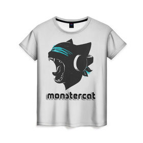 Женская футболка 3D с принтом Monstercat в Санкт-Петербурге, 100% полиэфир ( синтетическое хлопкоподобное полотно) | прямой крой, круглый вырез горловины, длина до линии бедер | monstercat | клуб | клубная музыка | кот | котенок | кошка | лейбл | монстар | монстар кет | монстер | музыка | танцевальная музыка | электронная | электронная музыка