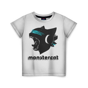 Детская футболка 3D с принтом Monstercat в Санкт-Петербурге, 100% гипоаллергенный полиэфир | прямой крой, круглый вырез горловины, длина до линии бедер, чуть спущенное плечо, ткань немного тянется | Тематика изображения на принте: monstercat | клуб | клубная музыка | кот | котенок | кошка | лейбл | монстар | монстар кет | монстер | музыка | танцевальная музыка | электронная | электронная музыка