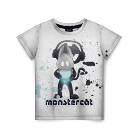 Детская футболка 3D с принтом Monstercat в Санкт-Петербурге, 100% гипоаллергенный полиэфир | прямой крой, круглый вырез горловины, длина до линии бедер, чуть спущенное плечо, ткань немного тянется | Тематика изображения на принте: monstercat | клуб | клубная музыка | кот | котенок | кошка | лейбл | монстар | монстар кет | монстер | музыка | танцевальная музыка | электронная | электронная музыка