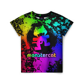 Детская футболка 3D с принтом Monstercat в Санкт-Петербурге, 100% гипоаллергенный полиэфир | прямой крой, круглый вырез горловины, длина до линии бедер, чуть спущенное плечо, ткань немного тянется | monstercat | клуб | клубная музыка | кот | котенок | кошка | лейбл | монстар | монстар кет | монстер | музыка | танцевальная музыка | электронная | электронная музыка