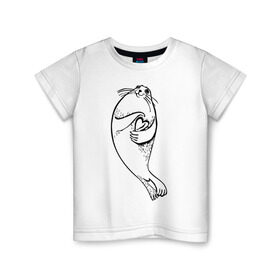 Детская футболка хлопок с принтом Нерпа Нина с Байкалом в Санкт-Петербурге, 100% хлопок | круглый вырез горловины, полуприлегающий силуэт, длина до линии бедер | baikal | irkutsk | байкал | иркутск | нерпа