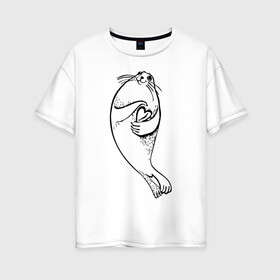 Женская футболка хлопок Oversize с принтом Нерпа Нина с Байкалом в Санкт-Петербурге, 100% хлопок | свободный крой, круглый ворот, спущенный рукав, длина до линии бедер
 | baikal | irkutsk | байкал | иркутск | нерпа