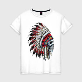 Женская футболка хлопок с принтом Череп в роуче в Санкт-Петербурге, 100% хлопок | прямой крой, круглый вырез горловины, длина до линии бедер, слегка спущенное плечо | голова | индейцы | куп | орёл. скелет | перо | перья