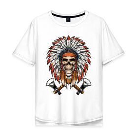 Мужская футболка хлопок Oversize с принтом Индейский череп с топорами в Санкт-Петербурге, 100% хлопок | свободный крой, круглый ворот, “спинка” длиннее передней части | индейцы | куп | орёл | перья | роуч | скелет | томагавк | топор