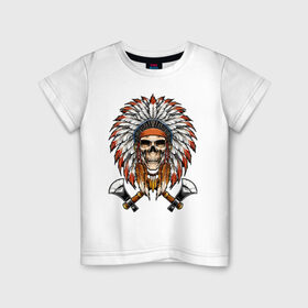 Детская футболка хлопок с принтом Индейский череп с топорами в Санкт-Петербурге, 100% хлопок | круглый вырез горловины, полуприлегающий силуэт, длина до линии бедер | индейцы | куп | орёл | перья | роуч | скелет | томагавк | топор