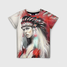 Детская футболка 3D с принтом Индейская девушка в Санкт-Петербурге, 100% гипоаллергенный полиэфир | прямой крой, круглый вырез горловины, длина до линии бедер, чуть спущенное плечо, ткань немного тянется | Тематика изображения на принте: африка | индейцы | куп | перо | перья | этно