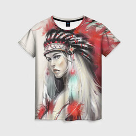Женская футболка 3D с принтом Индейская девушка в Санкт-Петербурге, 100% полиэфир ( синтетическое хлопкоподобное полотно) | прямой крой, круглый вырез горловины, длина до линии бедер | африка | индейцы | куп | перо | перья | этно