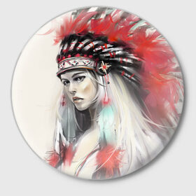 Значок с принтом Индейская девушка в Санкт-Петербурге,  металл | круглая форма, металлическая застежка в виде булавки | африка | индейцы | куп | перо | перья | этно