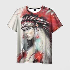 Мужская футболка 3D с принтом Индейская девушка в Санкт-Петербурге, 100% полиэфир | прямой крой, круглый вырез горловины, длина до линии бедер | Тематика изображения на принте: африка | индейцы | куп | перо | перья | этно