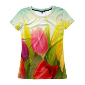 Женская футболка 3D с принтом Тюльпаны в Санкт-Петербурге, 100% полиэфир ( синтетическое хлопкоподобное полотно) | прямой крой, круглый вырез горловины, длина до линии бедер | бабушке | девочке | девушке | дочке | желтые цветы | женщине | маме | подруге | природа | розовые цветы | розы | сестре | теще | тюльпаны | цветы