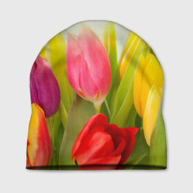 Шапка 3D с принтом Тюльпаны в Санкт-Петербурге, 100% полиэстер | универсальный размер, печать по всей поверхности изделия | бабушке | девочке | девушке | дочке | желтые цветы | женщине | маме | подруге | природа | розовые цветы | розы | сестре | теще | тюльпаны | цветы