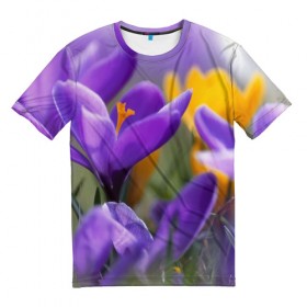 Мужская футболка 3D с принтом Фиолетовые цветы в Санкт-Петербурге, 100% полиэфир | прямой крой, круглый вырез горловины, длина до линии бедер | бабушке | девочке | девушке | дочке | желтые цветы | женщине | маме | подруге | природа | розовые цветы | розы | сестре | теще | тюльпаны | цветы
