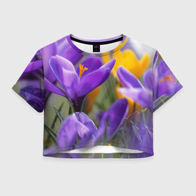 Женская футболка 3D укороченная с принтом Фиолетовые цветы в Санкт-Петербурге, 100% полиэстер | круглая горловина, длина футболки до линии талии, рукава с отворотами | бабушке | девочке | девушке | дочке | желтые цветы | женщине | маме | подруге | природа | розовые цветы | розы | сестре | теще | тюльпаны | цветы