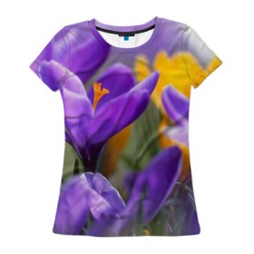 Женская футболка 3D с принтом Фиолетовые цветы в Санкт-Петербурге, 100% полиэфир ( синтетическое хлопкоподобное полотно) | прямой крой, круглый вырез горловины, длина до линии бедер | бабушке | девочке | девушке | дочке | желтые цветы | женщине | маме | подруге | природа | розовые цветы | розы | сестре | теще | тюльпаны | цветы