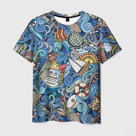 Мужская футболка 3D с принтом Морской коллаж в Санкт-Петербурге, 100% полиэфир | прямой крой, круглый вырез горловины, длина до линии бедер | mari | весло | волны | галька | графика | детский | иллюстрация | канат | карта | картинка | коллаж | компас | корабль | маяк | мода | море | морской | облако | океан | птица | рисунок | рыбы | солнце | стиль